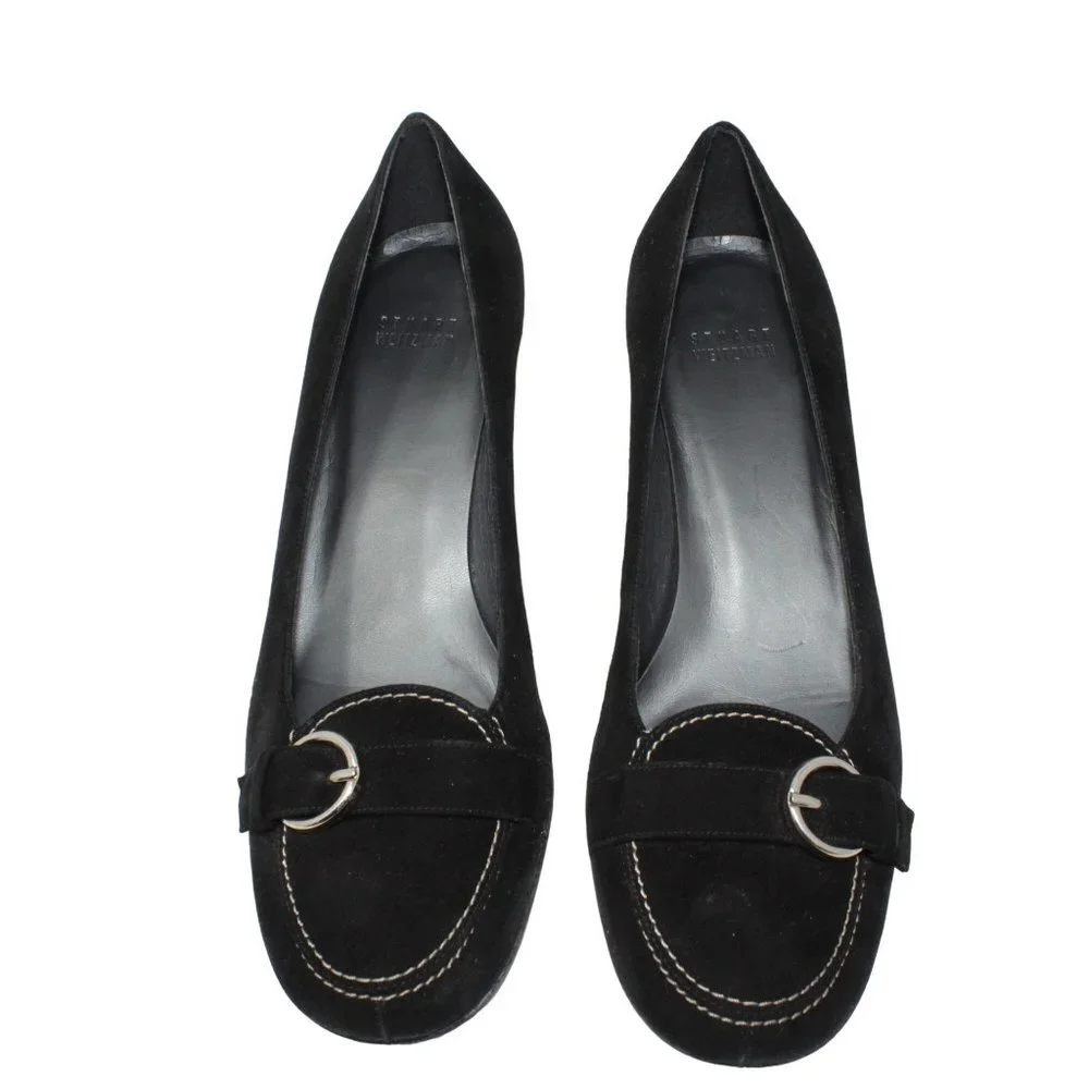 Stuart Weitzman Size 9M Black Suede Leather Madeline Buckle Detail Kitten Heels - Picture 4 of 11